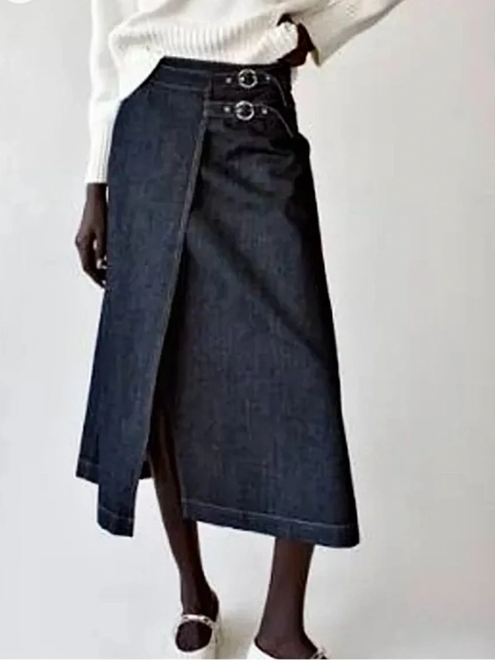 Wrap-Front Midi Denim Skirt in Dark Blue - Picture 2 of 7